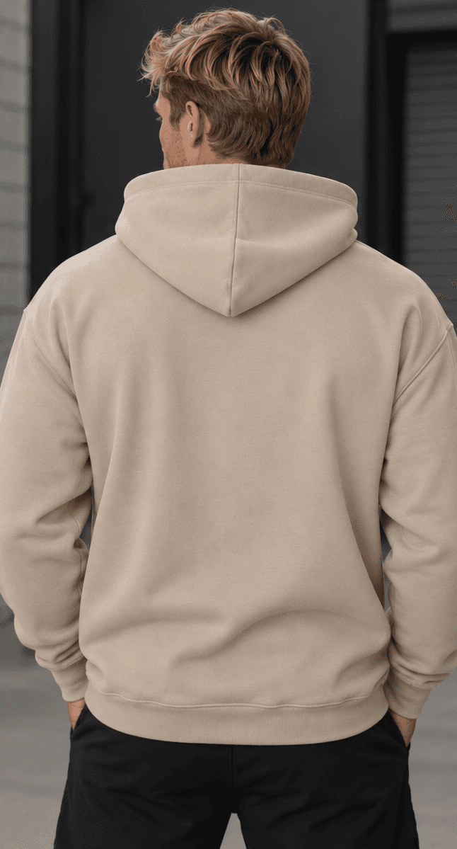 Middlefinger Collective Essential Hoodie in beige, back, on model