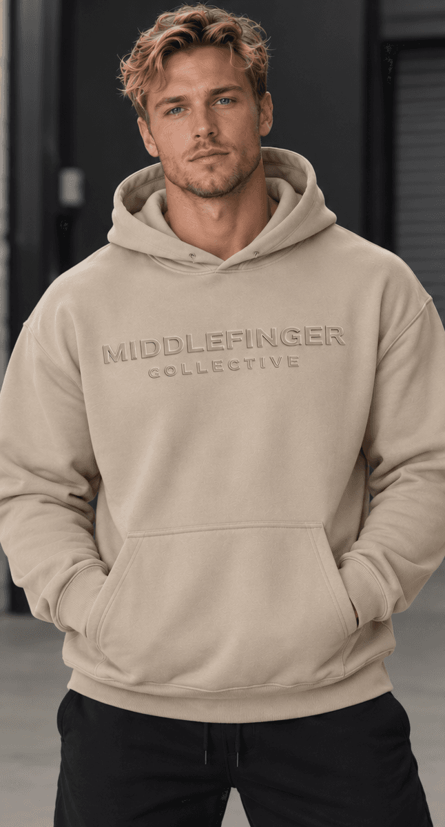 Middlefinger Collective Essential Hoodie in beige, front, on model