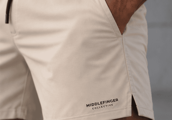 Middlefinger Collective Essential Shorts, waistband and drawstring detail