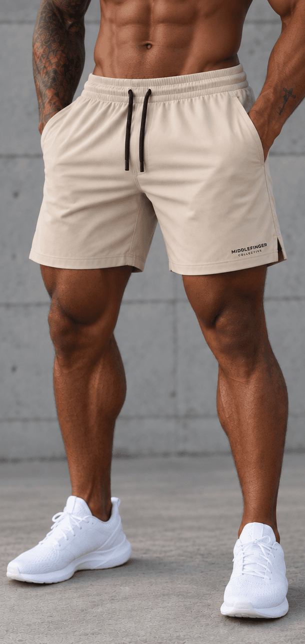 Middlefinger Collective Essential Shorts in sand, on model