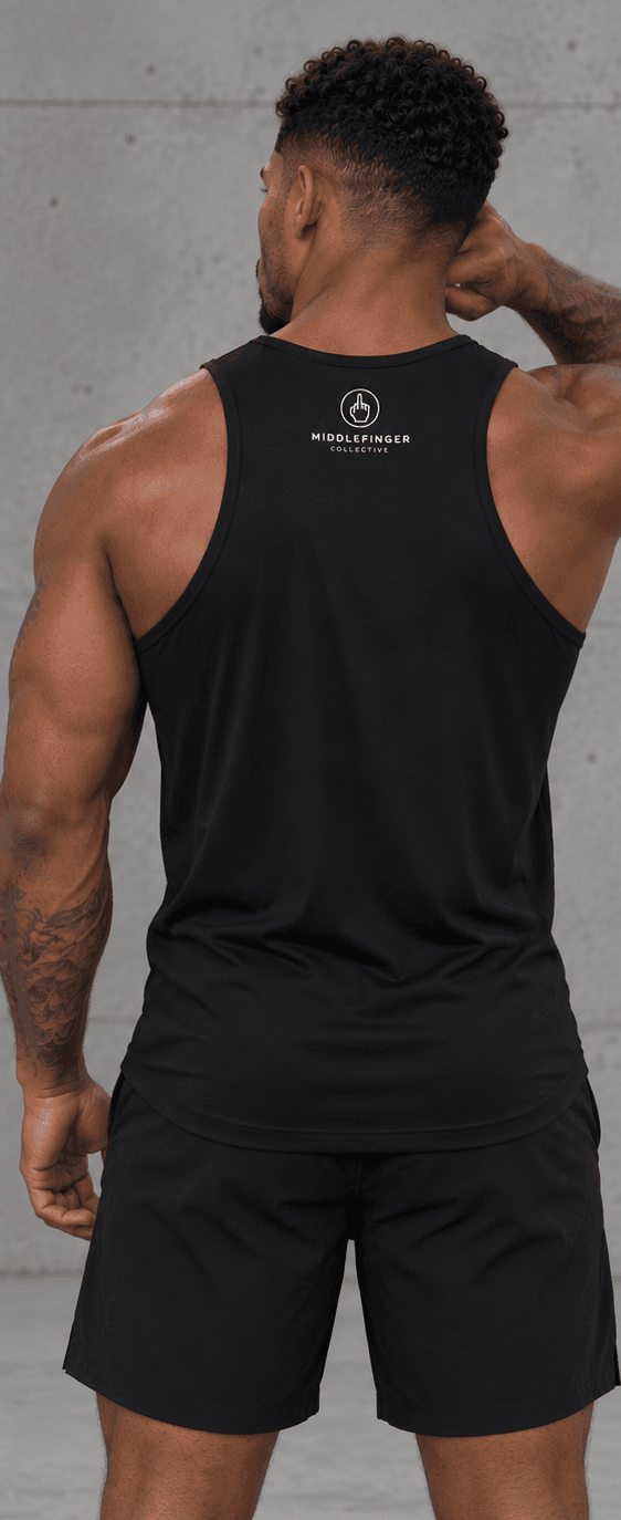 Middlefinger Collective Essential Tank in black, back, on model