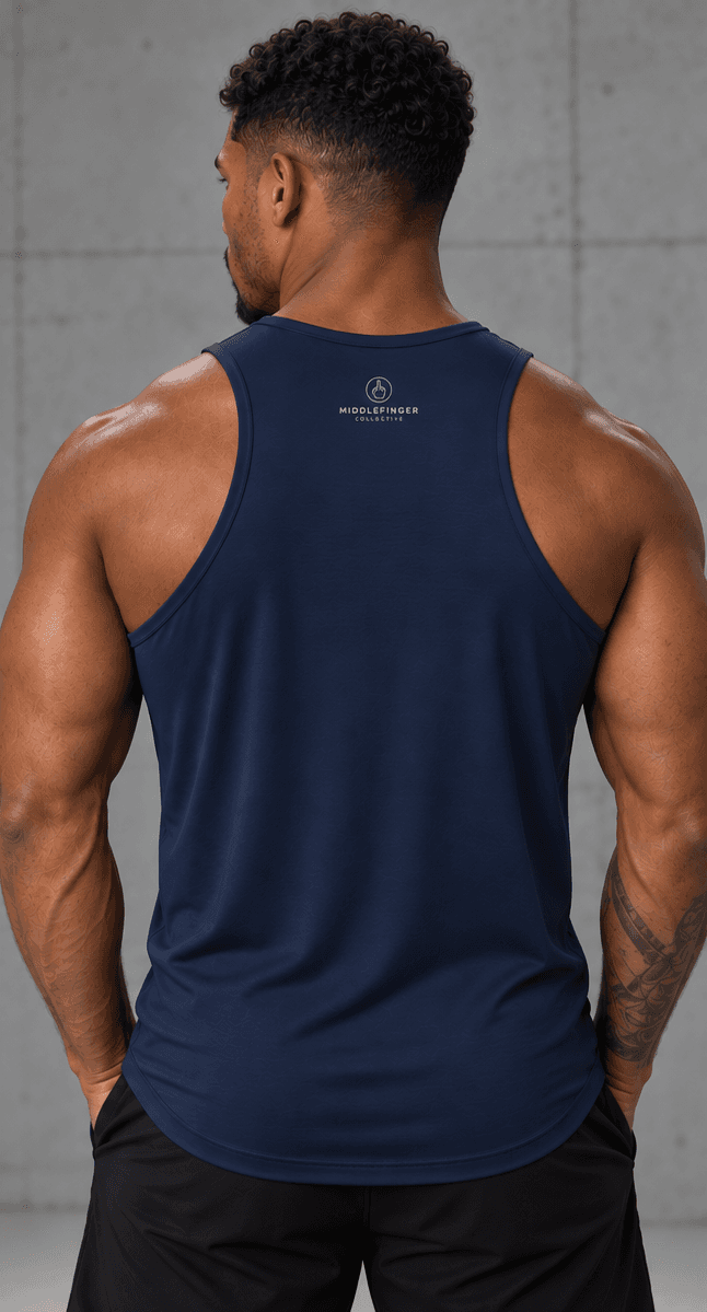 Middlefinger Collective Essential Tank in navy, back, on model