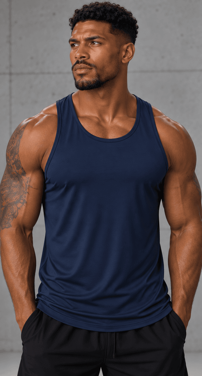 Middlefinger Collective Essential Tank in navy, front, on model