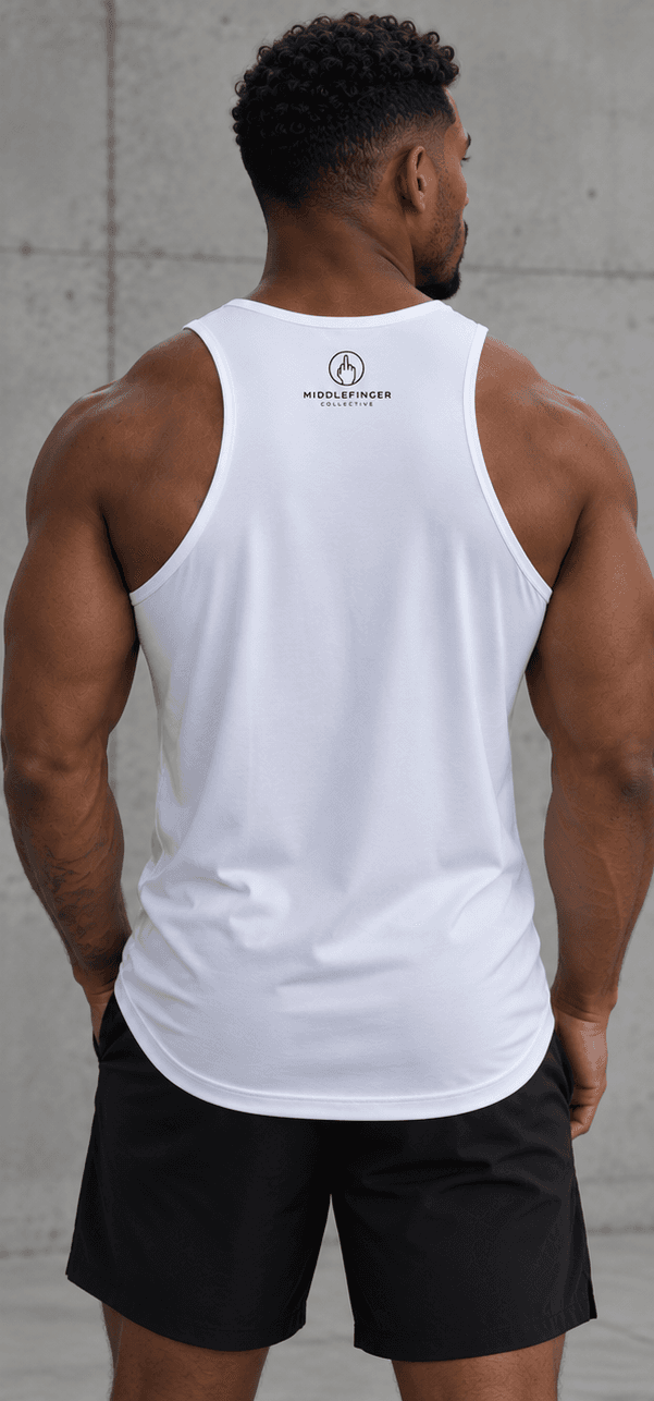 Middlefinger Collective Essential Tank in white, back, on model