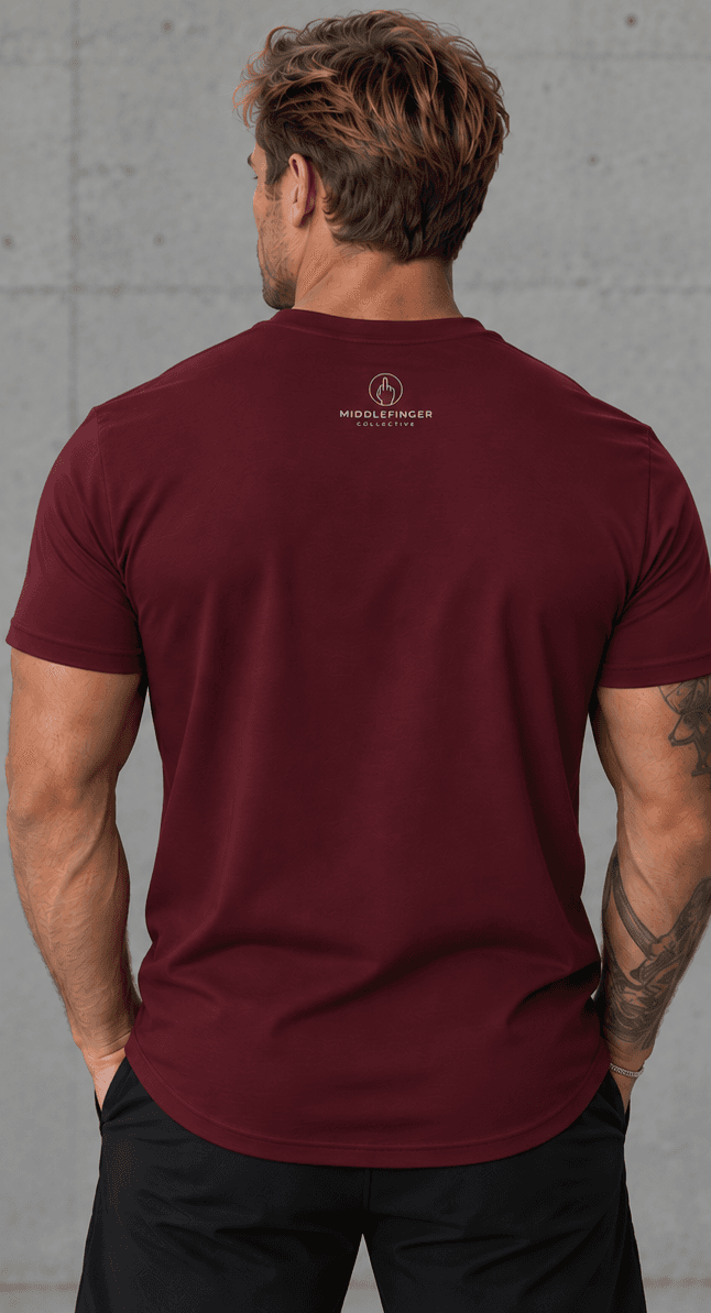 Middlefinger Collective Essential Tee in maroon, back, on model
