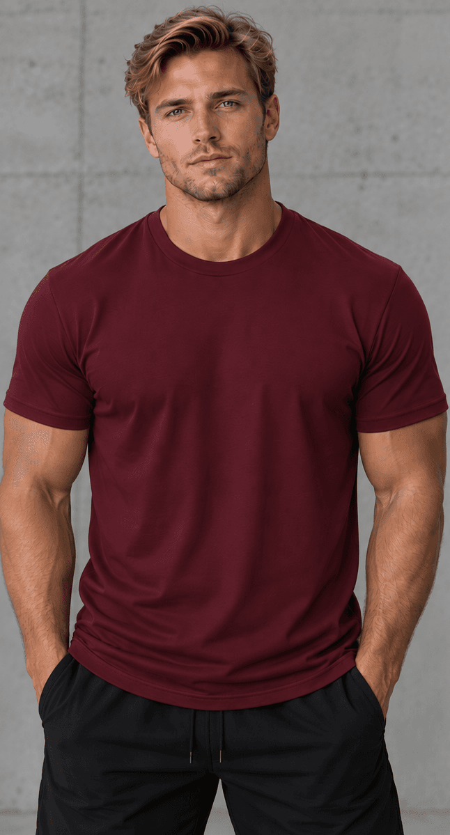 Middlefinger Collective Essential Tee in maroon, front, on model