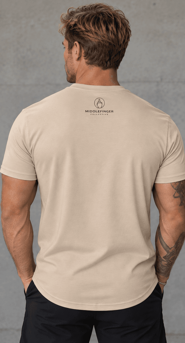 Middlefinger Collective Essential Tee in sand, back, on model