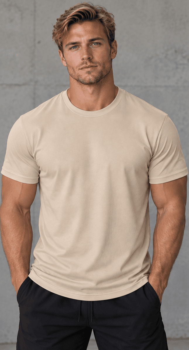 Middlefinger Collective Essential Tee in sand, front, on model